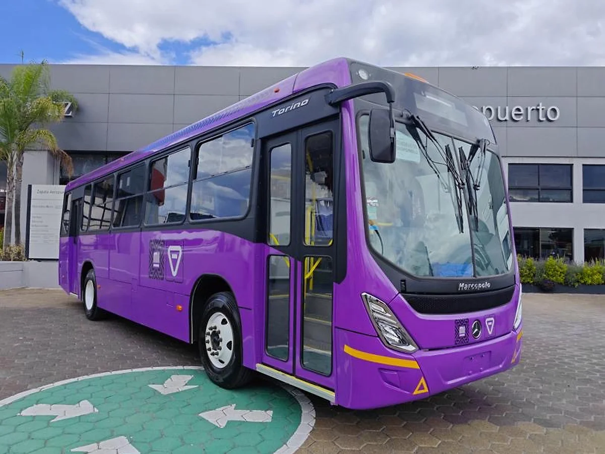 Autobús Marcopolo Torino morado, completo y de tres cuartos frontal.